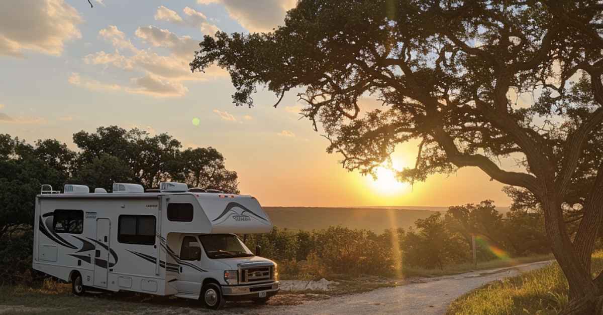 Camper parked on a dirt road near trees, with a sunset casting warm light through clouds and branches.