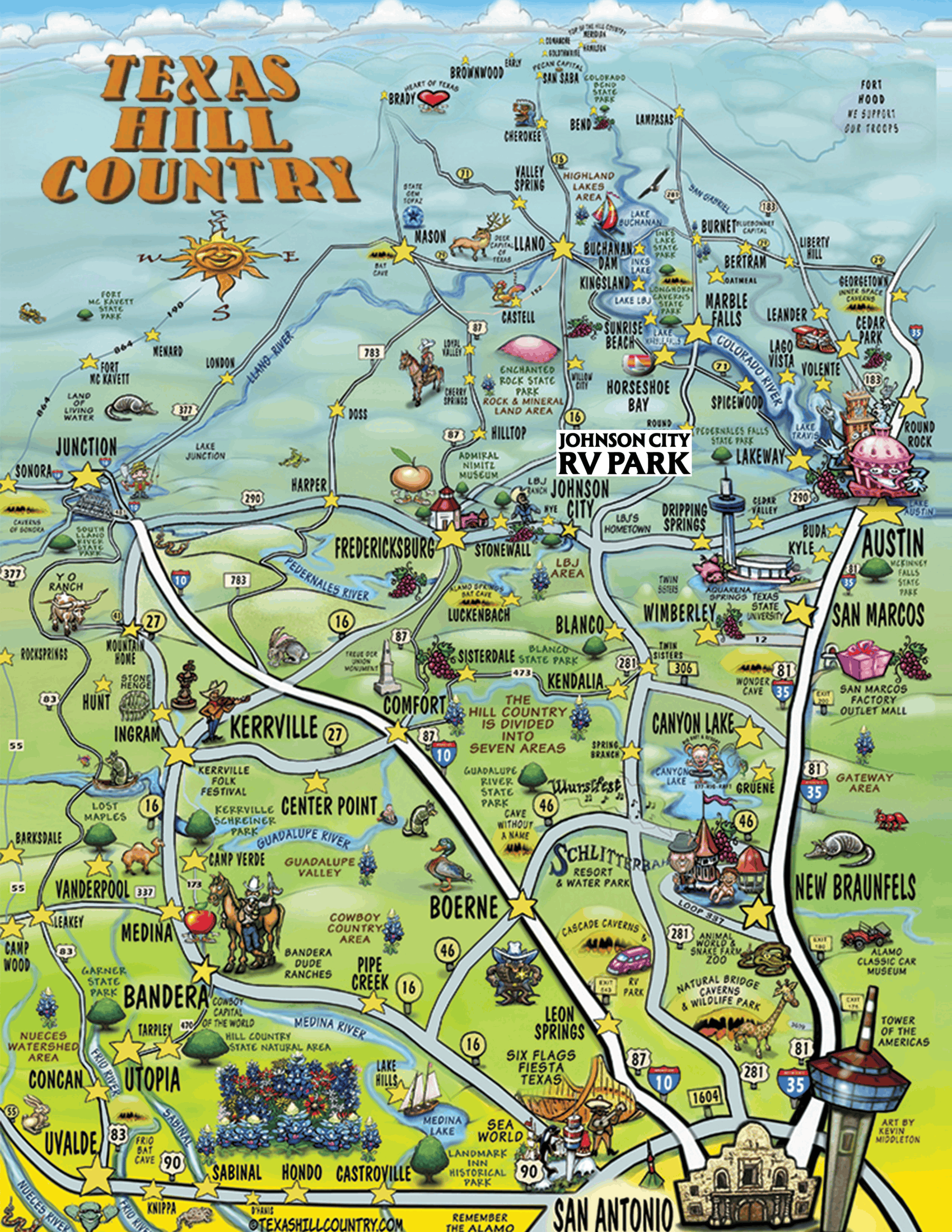 Illustrated map of Texas Hill Country showing cities, highways, rivers, parks, and landmarks, including Austin, San Antonio, Fredericksburg, Kerrville, and New Braunfels.