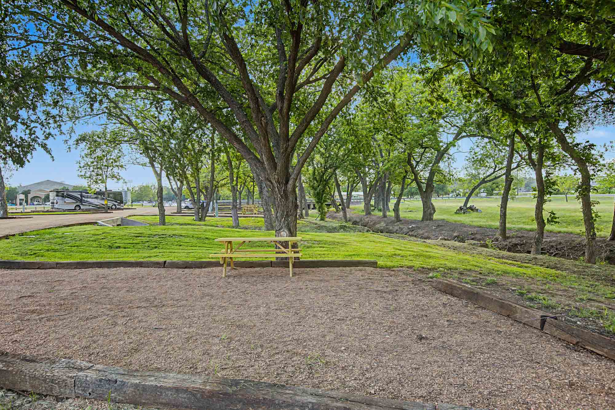 A wooden picnic table sits on a gravel area under large leafy trees near a grassy open field, with a small ditch and parked vehicles visible in the background.